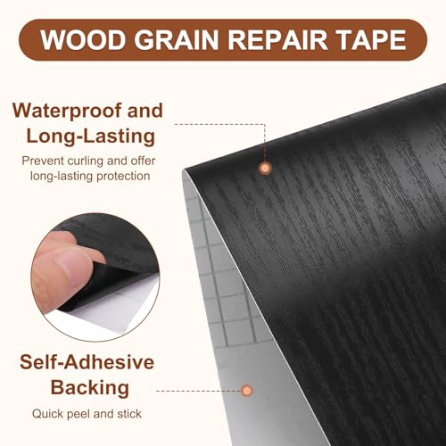 Image of MECCANIXITY Wood Grain Repair Tape, 2 Inch x 16 Feet Self Adhesive Wood Grain Tape Multi-Purpose Wallpaper Border Trim for Furniture Floors Windows Doors Tables Home, Black