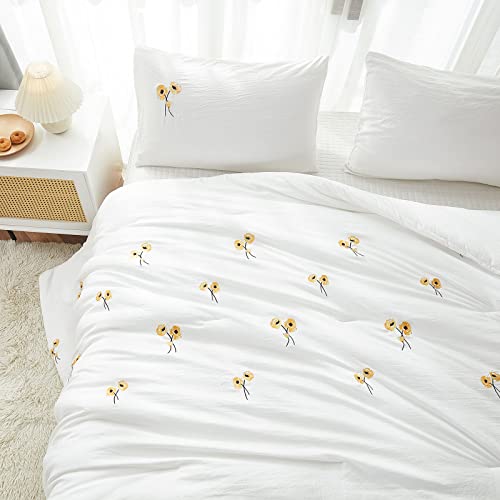 Bedbay Yellow Floral Comforter Set Embroidered Bedding Boho Chic Pretty Embroidery Flowers Pattern White Farmhouse Bedding 3 Pcs Comforter Set For Girls Boys Teen (Yellow,Twin) #TOP7