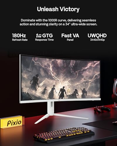Image of Pixio PXC348C Neo White 34 inch 180Hz Refresh Rate UWQHD 1440p Ultrawide Resolution 1000R Curve Fast VA Panel 1ms Response Time USB-C Displayport 65W Charging Adaptive Sync HDR Curved Gaming Monitor