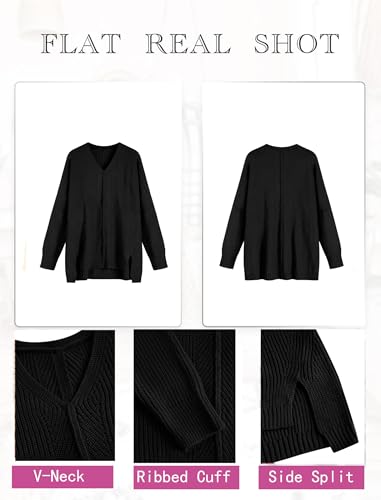 Image of ZAFUL Women's Oversized Sweaters V Neck Long Sleeve Knit Pullover Batwing Drop Shoulder Split Tops Trendy Fall Outfits 2024