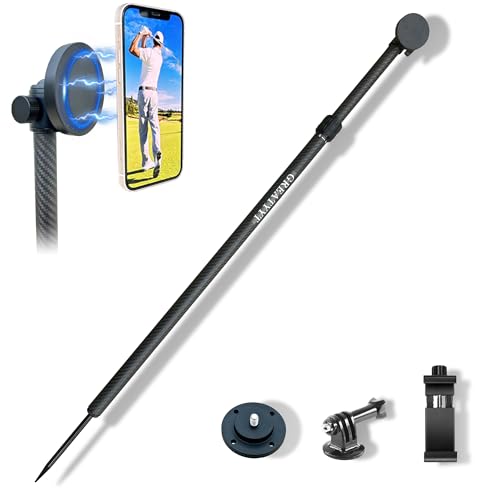 Carbon Fiber Monopod Golf Swing Recorder - Ultra Lightweight with MagSafe Magnetic Holder - Adjustable 32-55 Height - Ground Spike - Training Aid for iPhone Android