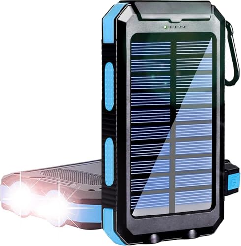 Solar Power Bank, YELOMIN 20000mAh Portable Solar Charger, Waterproof Backup Battery Pack with Dual USB 5V Outputs/LED Flashlights and Compass for Cellphones, Tablets and Electronic Devices(Blue)