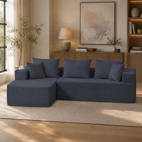 Image of 105'' Modular L-Shaped Boneless Sectional, Corduroy Deep Seat Cloud Sectional Couch, Small Space Sofa for Apartment Living Room Bedroom, No Assembly, Black