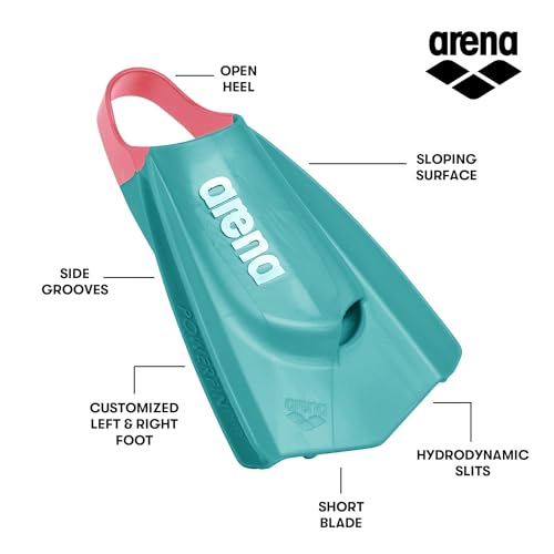 Image of Arena Unisex Adult Powerfin Pro II Swim Training Fins Men and Women Silicone Short Blade Flippers Left /Right Customized, Calypso Bay, Size 6-7