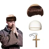 CWENDANER Priester Perücke,Mönch Kostüm Perücke Set,kostüm lustig Ideal für Halloween,Karneval,Weihnachten und Cosplay (Dunkelbraun)