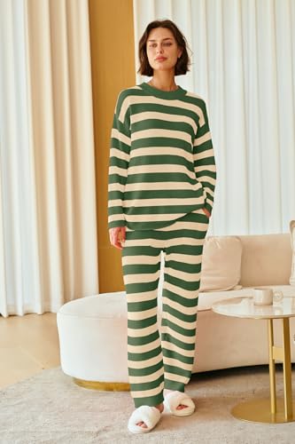 Image of SENSERISE Womens Striped Set Sweater Lounge Sets | Pajamas Set, Loungewear Set, Oversized Knit Sweater, Wide Leg Pants with Pockets, Fall Outfits, Pants Set