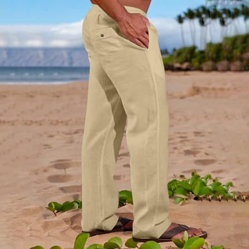 Mens Linen Pants Yoga Beach Loose Fit Casual Elastic Waist Drawstring Trousers with Pockets2
