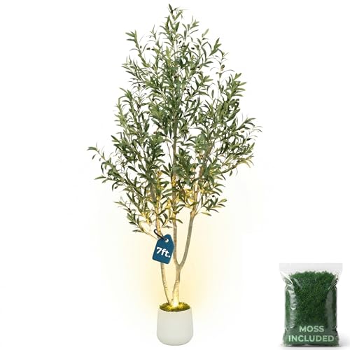 7ft (210 cm) Artificial Olive Tree with White Pot, Moss