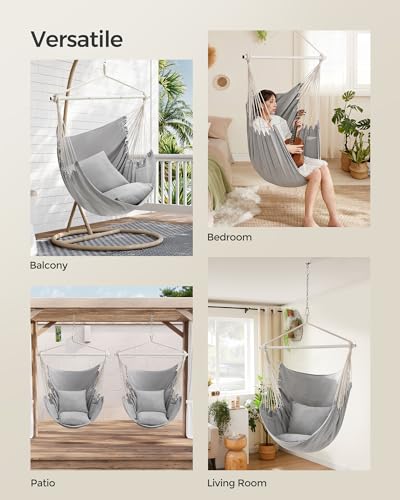 Image of SONGMICS Hammock Chair, Load Capacity 500 lb, Hanging Chair with 2 Cushions, Large Hammock Swing with Chain and Pocket, for Indoor, Outdoor, Living Room, Bedroom, Dove Gray UGDC197G01