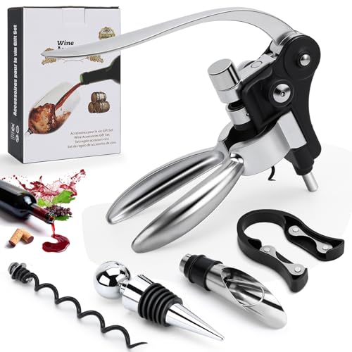 Set premium 5 in 1 e facile da usare: il set di apribottiglie Raxfekro contiene tutto ciò di cui hai bisogno: cavatappi orecchie da coniglio, versatore per vino, tappo sottovuoto, tagliacapsule e un'altra parte a spirale intercambiabile. Il meccanismo a leva dell'apribottiglie rende l'apertura facile: semplice, veloce e senza sforzo.