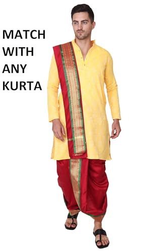 Image of Rameshwaram Fabrics Readymade Dhoti for Men, Velcro Style Stitched Mens Silk Dhoti Pant with Stole Set
