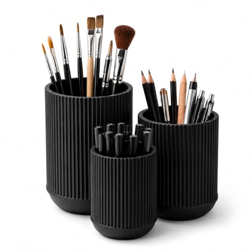 CABU Stiftehalter Schwarz 3er Set Minimalistischer Schreibtisch Organizer Multifunktionaler Stiftebecher & Pinselhalter aus robustem Kunststoff Modern Matt für Büro Homeoffice & Kosmetik
