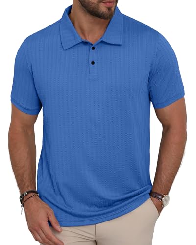 KUYIGO Mens Polo Shirts Summer Casual Collared Shirts Textured Stretchy Golf Shirts Large Royal Blue