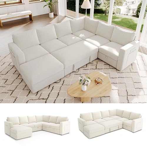Image of 106.7 inch U-Shaped Modular Sectional Sofa with Pull-Out Bed & Storage, Modern 7-Seat Convertible Couch, Comfy L-Shape Sectional for Living Room, Apartment, Beige