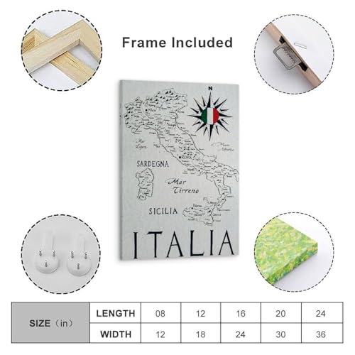 レトロイタリア地図インテリアデザインのポスター、家の装飾の美学、部屋の新しい家の贈り物20x30inch(50x75cm) Frame-style [4]