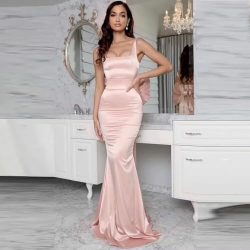 Satin Square Neck Mermaid Prom Dress with Bow Spaghetti Straps Elegant Formal Evening Party Gown4