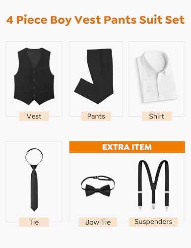 Image of Boys Husky Suit Vest 4 Pieces Kids Black Formal Vest and Pants Set for Wedding Ring Bearer, Easter, First Communion, Confirmation, Graduation (Size 20 Husky)