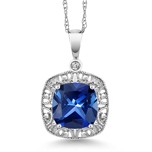 Gem Stone King 10K White Gold Blue Created Sapphire and Diamond Accent Pendant Necklace For Women | 2.50 Cttw | Cushion 8MM | With 18 Inch Chain