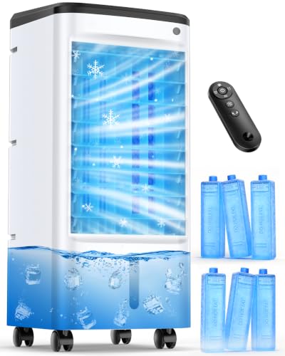 Image of Windowless Portable Air Conditioners w /Dual Tank for 24H Cooling 600Sq.ft, 6 Ice Packs, 4 Modes&3 Speeds Swamp Cooler, 12H Timer 26Ft Remote, 120Swing Evaporative Air Cooler for Room Bedroom