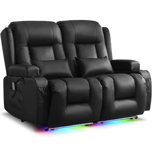 Image of URRED Power Loveseat Recliner Sofa with Massage and Heat,Black | Wall Hugger Reclining Loveseat with Console, RV Couch Home Theater Seating with LED Lights for Living Room, Faux Leather
