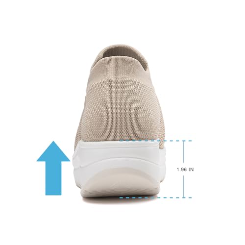 Oude Pull On Wedges Sneakers for Women Standing | Sneakers Platform Womens Shoes Easy On | 2 Inch Rocker Bottom with Arch Support Beige Size 9