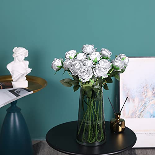 Luyue Artificial Silver Roses Flowers Fake Silk Single Rose With Stem Flower Gift For Wedding Party Home Decor-10 Pack-Silver #TOP3