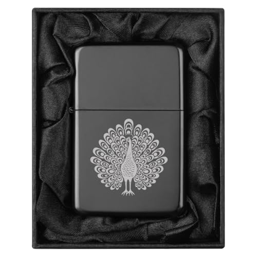Encendedor en estuche de seda negra con diseño pavo real