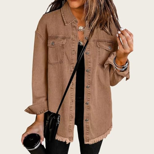 Women's Jean Jacket Distresse Jean Jacket Casual Button Down Casual Jean Shacket Jackets Frayed Hem Washed Denim Coat2