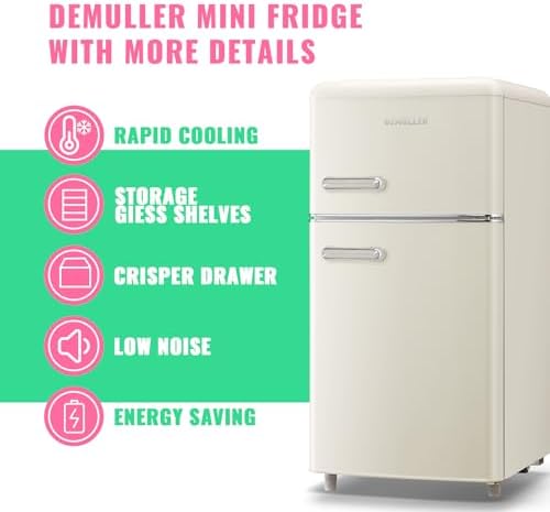 DEMULLER 100L Retro Mini Fridge with Freezer Dual Doors & Handles Compact Refrigerator with 7 Thermostat Control Freestanding Small Fridge with LED Light Cream - 1