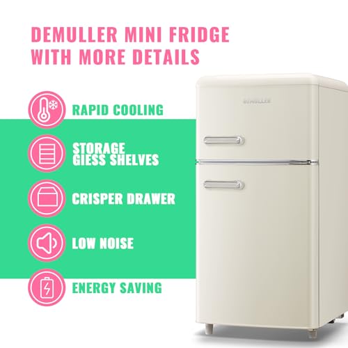 DEMULLER 100L Retro Mini Fridge with Freezer Dual Doors & Handles Compact Refrigerator with 7 Thermostat Control Freestanding Small Fridge with LED Light Cream