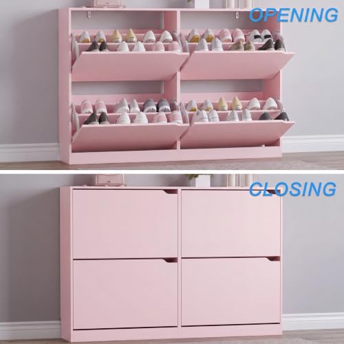 Image of BORNOON Shoe Cabinet with 4 Flip Drawers, Narrow Hidden Shoe Storage Cabinet, Slim Freestanding Shoe Rack Organizer for Entryway, Hallway, Bedroom, Living Room