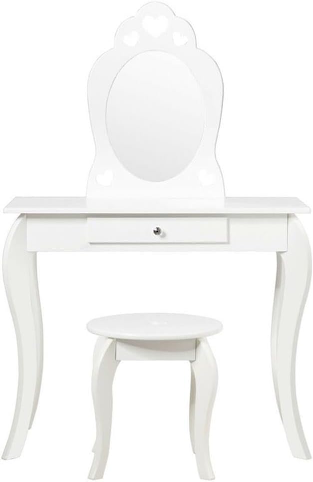 Pemberly Row Kids Vanity Set, MDF & Pine Wood, 2-in-1 Table/Desk with Mirror, White Finish, Built-in Drawer, 27.5" L x 13.5" W x 37.5" H, Includes Stool, Anti-Tipping Design, Compact for Bedroom