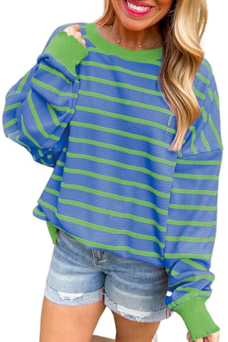 Striped Color Block Sweaters for Women Lightweight Casual Crew Neck Long Sleeve Knit Pullover Sweater Tops