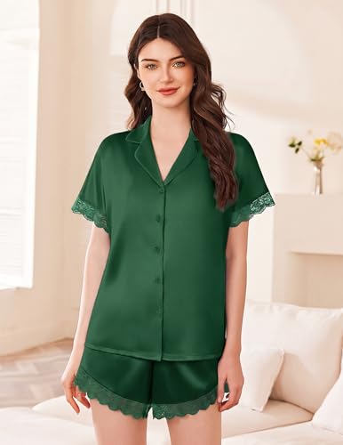 Image of Ekouaer Womens Satin Pajama Set Lace Trim Button Down Pj Shorts Set Bridesmaids Getting Ready Outfits Bridal Party Gifts, Bright Green, Large