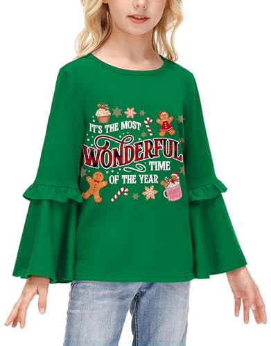 Image of BesserBay Girls Christmas Long Bell Sleeve Ruffle Tunic Top 4-12 Years