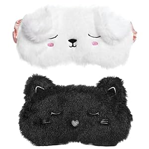 2 PCS Maschera per Dormire Animale,WideSmart Maschera per Dormire in Peluche Cartoni Maschera per Gli Occhi Maschera Sonno Dormita Morbido Traspirante Regolabile Bambini Mascherina per Occhi Peluche