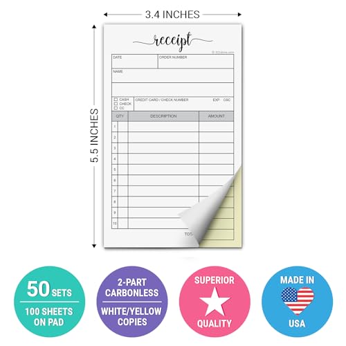 321done receipt pad made in usa - 34x55 handheld 2-part carbonless carbon duplicate copy sales order form invoice booklet cute convenient for small boutique business - 50 whiteyellow sets