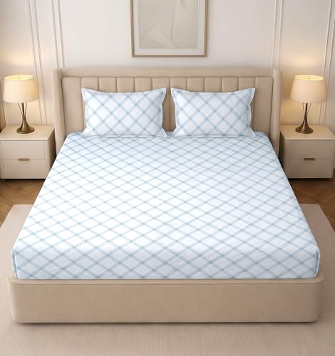 Image of RD TREND Glace Cotton All Around Elastic Fitted Check King Size Double Bed Bedsheet (72 inchx78 inchx8 inch) with 2 Pillow Cover (18 inchx28 inch) 210 TC (Lines-White)