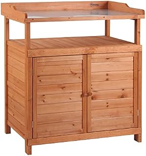 Outsunny Multi-function Potting Bench Table w/ Storage Cabinet and Galvanized Table Top, Wooden Planting Workstation, 98cm x 47cm x 105cm