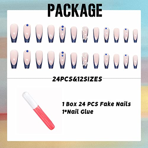 Imsohot IMCRJ852 Long Press On Nails Coffin French Tip Fake Nails Blue Butterfly Rhinestone False Nails thumb #4