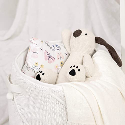 Image of Haus and Kinder Cotton Knitted Storage Basket with Handles | Foldable Storage Organizer Bin for Kids Wardrobe Clothes Toys Essentials | Baby Shower Nursery Hamper Gift (Ivory)