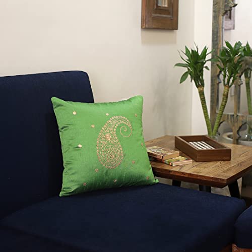 Image of THE COCOTIER Pure Silk Cushion Cover with Hand Embroidery, Pitta Work, Traditional Design, Zip Closure. (Green,16 X 16)