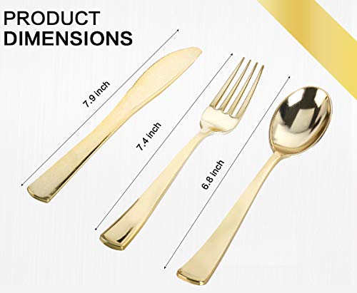 350 Piece Mcirco Gold Dinnerware Set - 100 Gold Rim Plastic Plates - 50 Gold Plastic Silverware - 50 Gold Plastic Cups - 50 Linen Like Gold Paper Napkins, 50 Guest Disposable Gold Dinnerware Set #TOP2