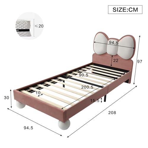 Kinderbett Polsterbett 90x200, Einzelbett Mädchenbett mit LED-Lichtleiste&Fliegeformiges-Kopfteil, Bett Jugendbett Bettgestell Funktionsbett Bettrahmen mit Lattenroste, Samt, Ohne Matratze, Beige+Rosa – Bild 3