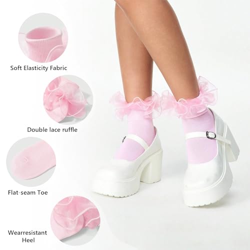Image of Women Big Ruffle Ankle Socks Adult Double Lace Frilly Socks Fold Cuff Cotton Ruffled Dress Crew Bobby Bride Sock
