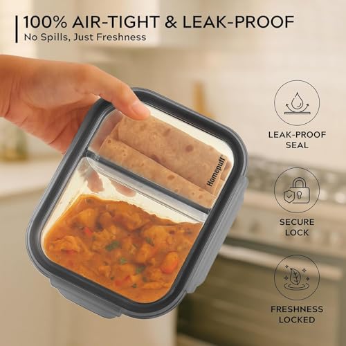 Image of Home Puff Borosilicate Glass Lunch Box 965ml with 2 Compartments & Lunch Bag | Airtight BPA-Free Leak-Proof Lid| Microwave, Freezer & Dishwasher Safe Glass Bento Tiffin Box for Office, College, School