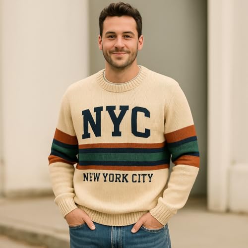 Unisex NYC Knit Sweater – Cream Pullover for Men and Women with Retro Stripes and New York City Lettering – Cozy Ribbed Crewneck Winter Jumper Small4