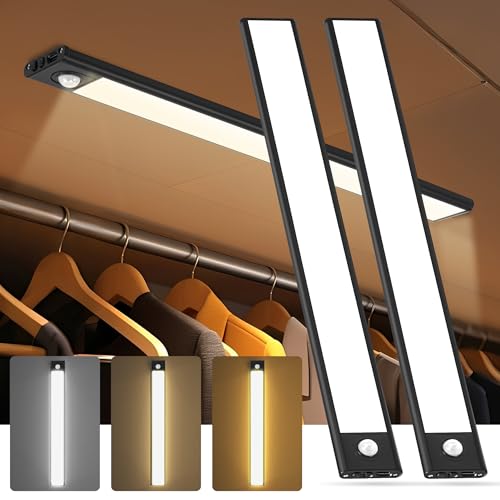 【2本セット】人感センサーライト 室内 充電式 40cm 2200mAh【超薄型9mm】ledバーライト マグネット取付 工事不要 3000K-6000K 3色温度調光 10段階調光 Type-C 充電 高感度クローゼット 部屋 玄関 廊下 キッチン 棚 階段 キャビネット 日本語説明書付き（ブラック 2個入り)