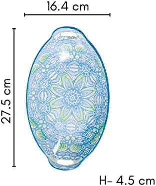 Nestasia Blue and Green Mandala Ceramic Long Dish with Handles for Serving Snacks, Appetizers, Salads, and Noodles| Microwave Safe, Dishwasher Safe (10.8 Inch)