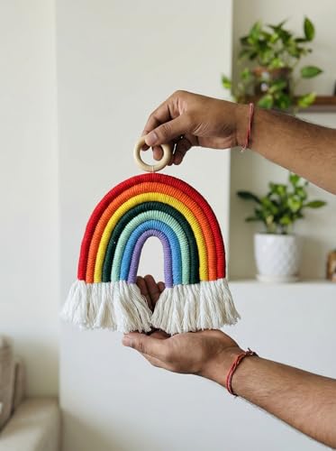 Image of JH Gallery Rainbow Wall Hanging Macrame Decor - Handmade Cotton Rope Colorful Boho Wall Art for Nursery, Bedroom, Baby Room & Home Styling